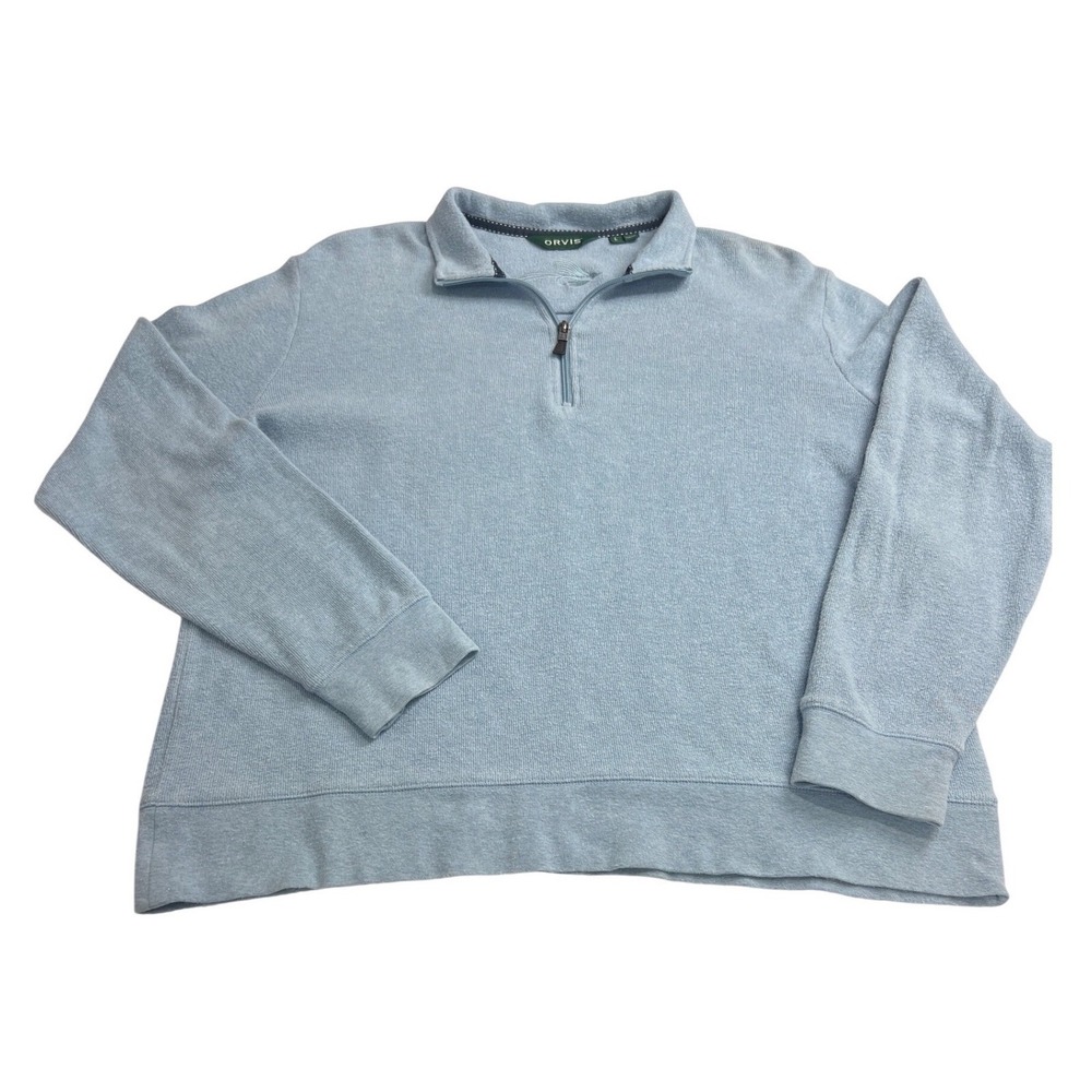 ORVIS Men's Large Light Blue 1/4 Zip Pullover Sweatshirt Embroidered Fish E12